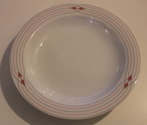 Suppenteller / tiefe Teller, weiß mit grau-rotem Muster